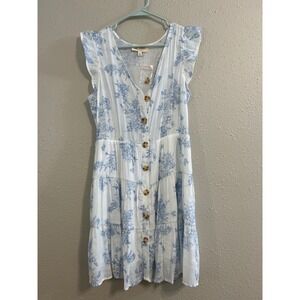 Sweet Wanderer Blue Floral Tiered Dress Ruffle Sleeve Button Front M Cottagecore